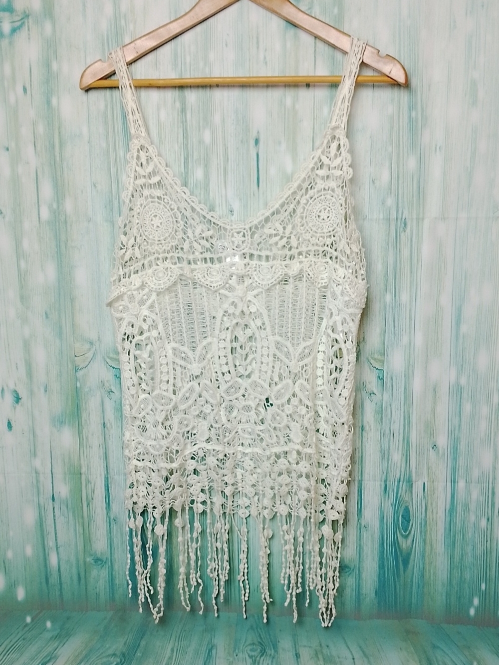 Say What Crochet Spaghetti Strap Tank With Fringe Off White Medium